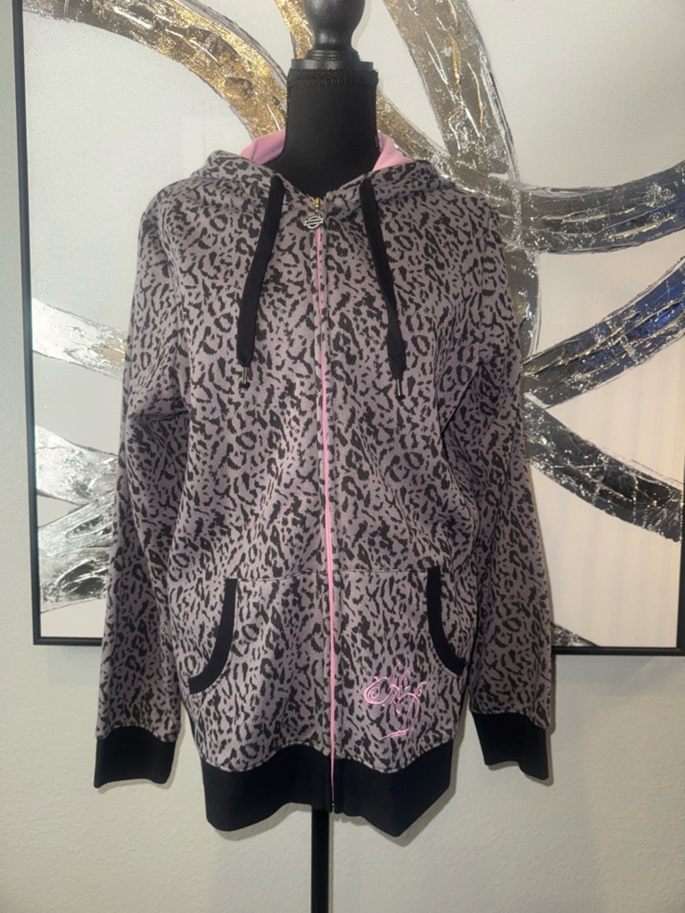 Harley-Davidson Pink, Gray, and Black Leopard Print Zipper Hoodie